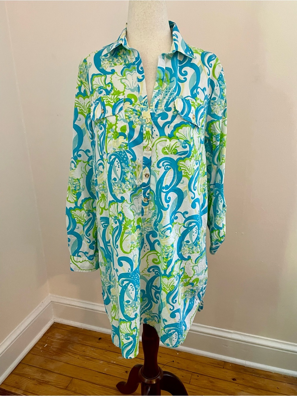 Lilly Pulitzer Tunic Dress S Blue Green Floral 100% Cotton Gold Buttons